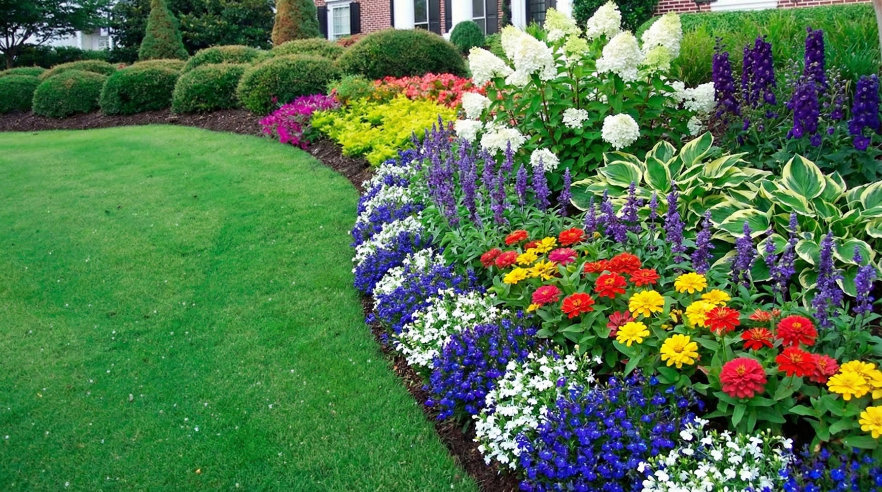 Vibrant colorful flower bed with manicured lawn edge
