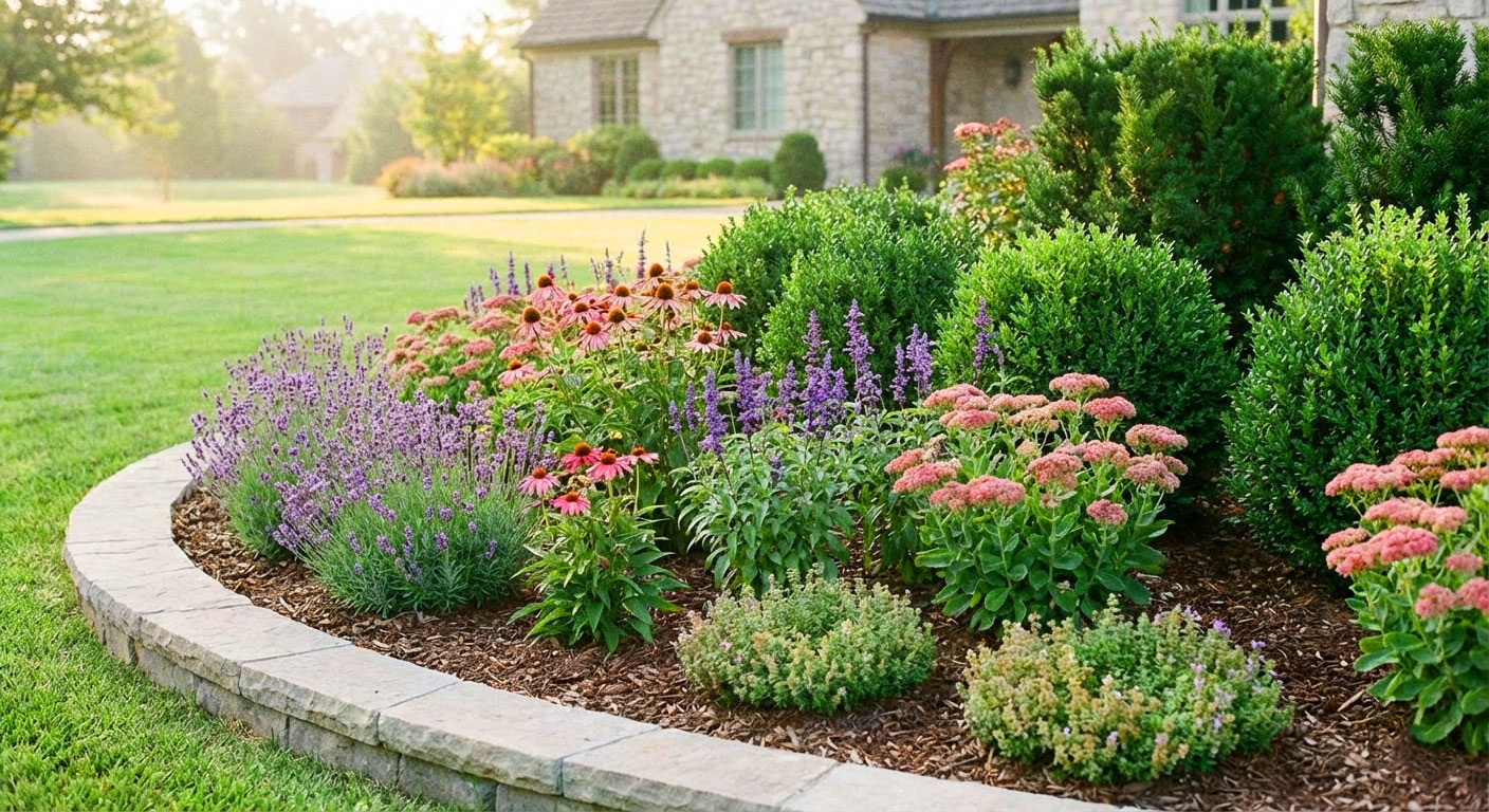 Professional landscape design with custom planted beds by Tuttle's Lawn Care in Advance NC