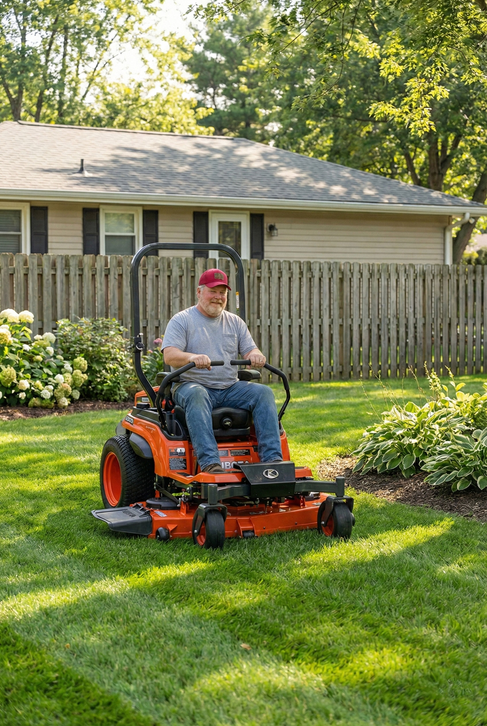 Tuttle's Lawn Care owner operating a zero-turn mower on a beautifully maintained residential lawn in Surry County NC