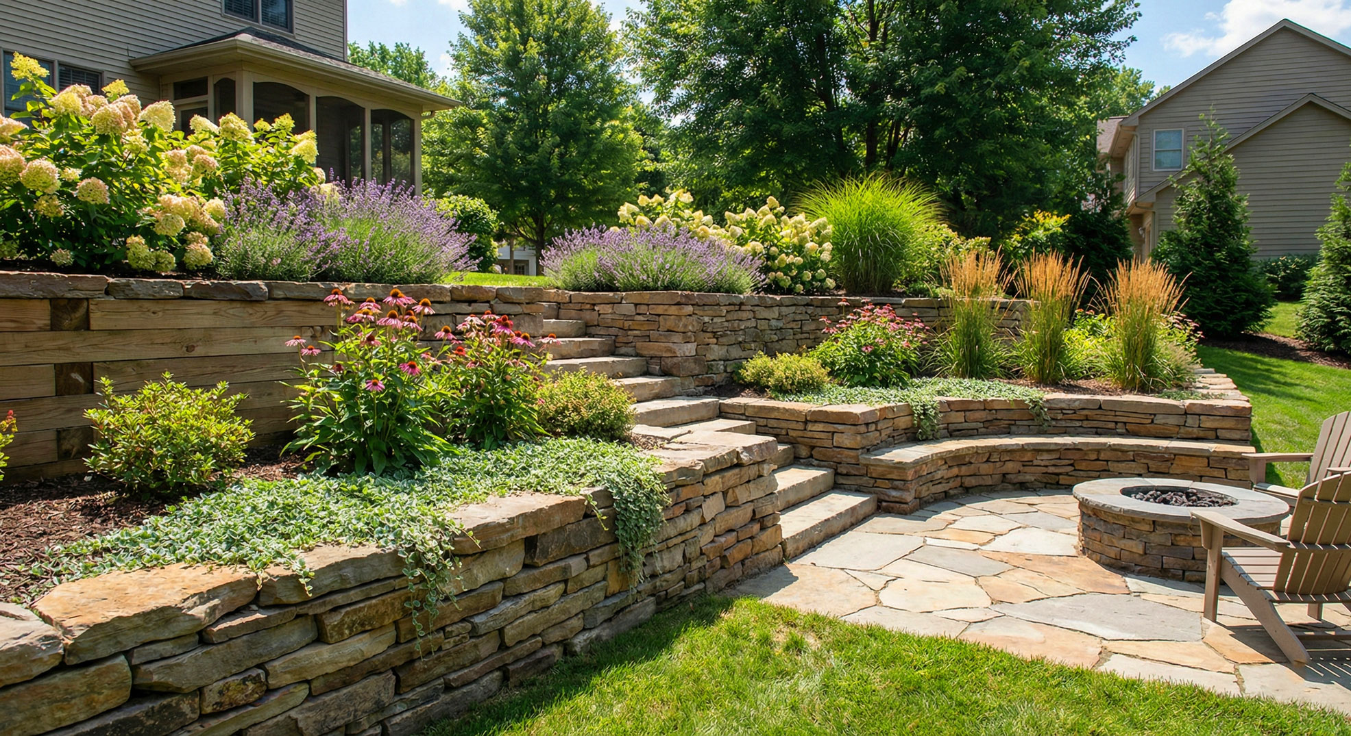 Custom stone retaining wall with tiered landscaping and fire pit