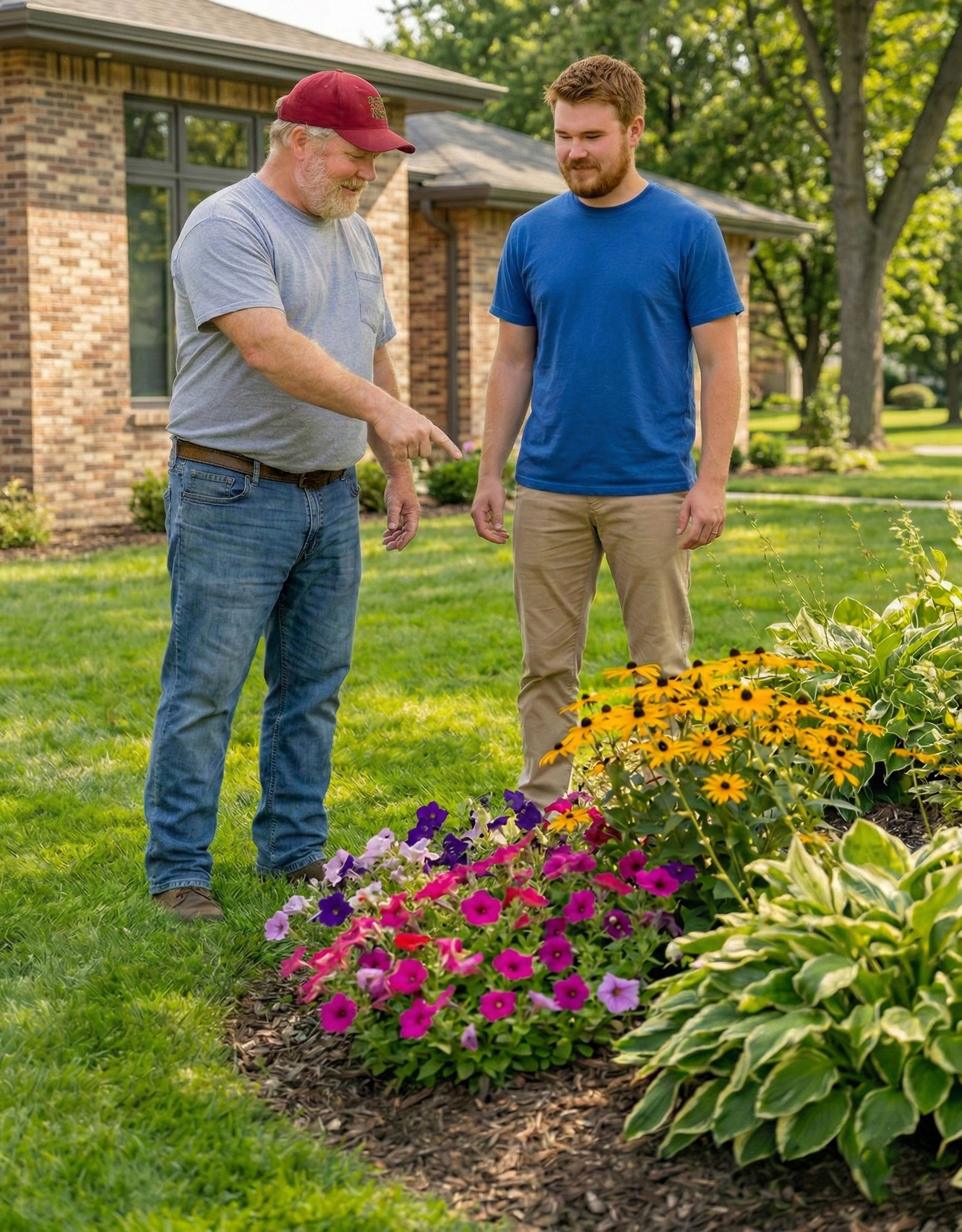 Russ Tuttle and his son reviewing a colorful flower bed installation at a residential property